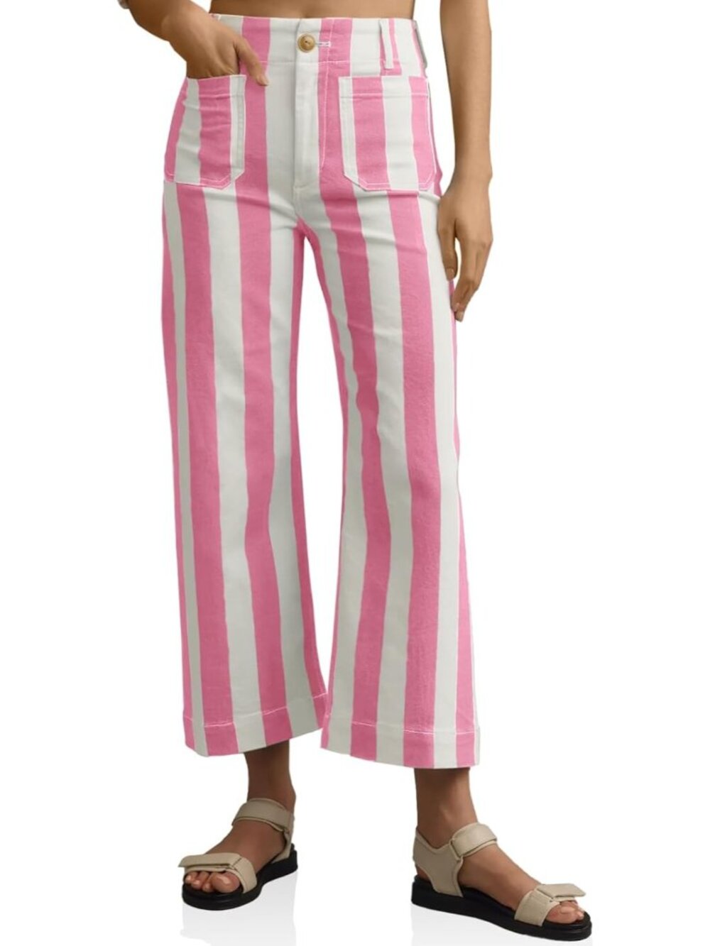 Women's Pink Cropped Striped Jeans High Waisted Wide Leg Denim Pants